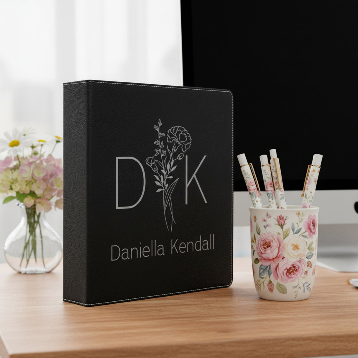 Split Initials w Name Birth Flower Personalized Binder for Her, Faux Leather
