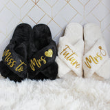 Fluffy Future Mrs slippers shown as a cozy engagement gift for bride-to-be. Bride-to-be slippers with Future Mrs text, perfect engagement gift for her or fiancée.