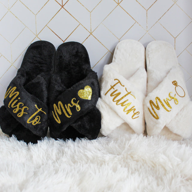 Fluffy Future Mrs slippers shown as a cozy engagement gift for bride-to-be. Bride-to-be slippers with Future Mrs text, perfect engagement gift for her or fiancée.