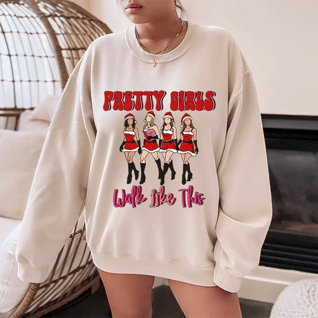 Funny Pretty Girls Walk Like This Christmas Sweatshirt with Movie Characters - Gifts Are Blue