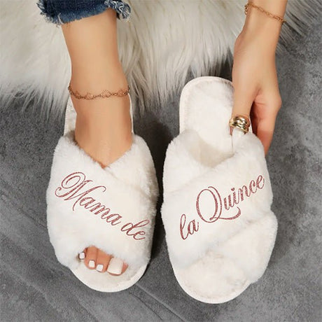 Cute Personalized Fluffy Quinceanera Slippers with Name and Design - Gifts Are Blue