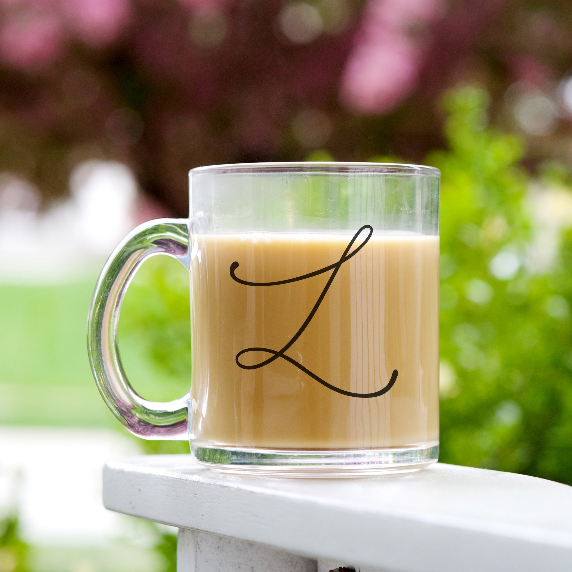 Modern monogram initial glass mug, 10 oz clear cup for custom gift giving. Bridal party gifts. Birthday gifts for her. 