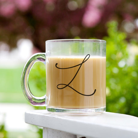 Modern monogram initial glass mug, 10 oz clear cup for custom gift giving. Bridal party gifts. Birthday gifts for her. 