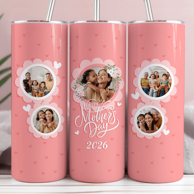 Custom heart photo tumbler for mom with pink background, personalized Mother’s Day gift with pictures. 