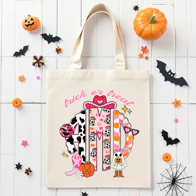Cute pink cowgirl monogram Halloween bag for girls, great for trick or treat baskets and school parties.
