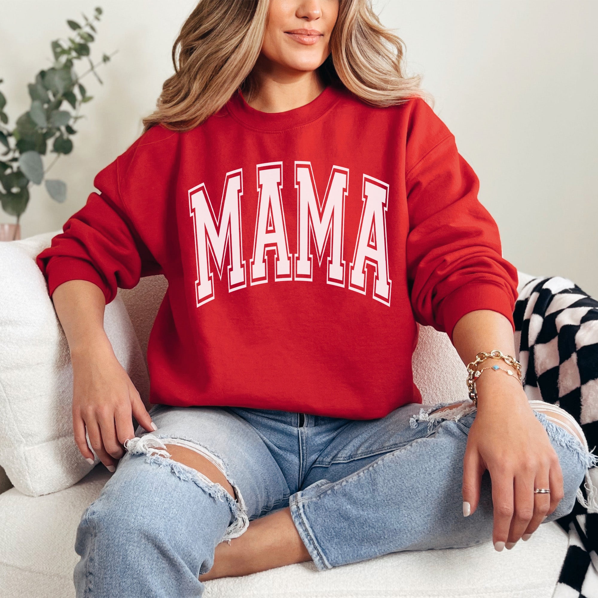 Relaxed fit custom sweatshirt for mom with mama across the chest, cozy and modern. Mama apparel for new moms, older moms, and grandmas. 