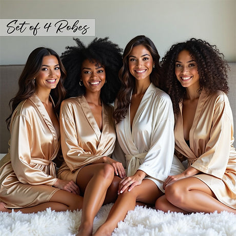 Bridesmaid Robe Set of 4, Personalized Robes, Custom Robes with Front & Back Text, Solid Satin.