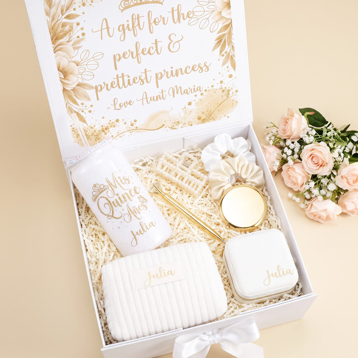 White and Gold Quinceanera Gift Box w Rhinestone Cup and Jewely Box