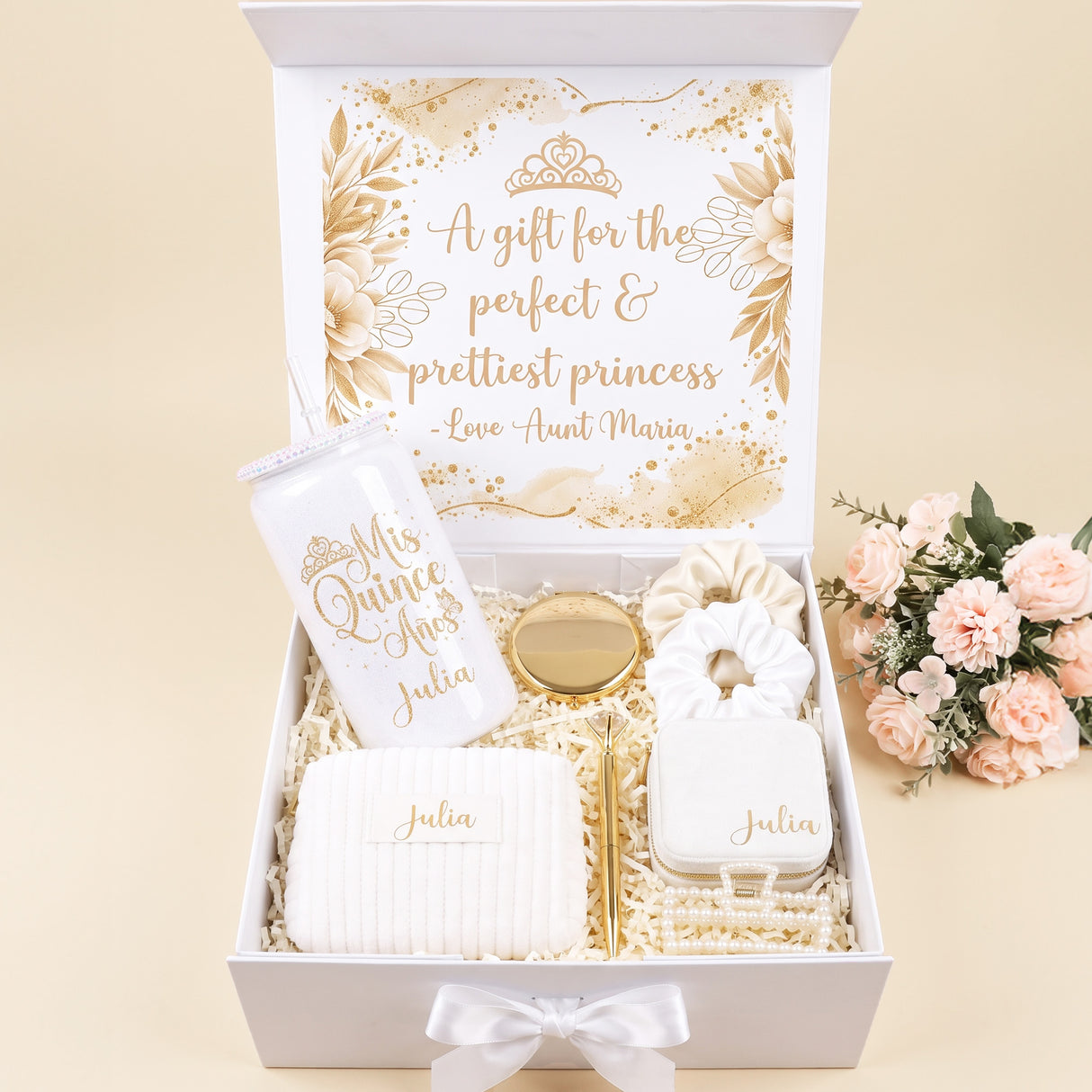 White and Gold Quinceanera Gift Box w Rhinestone Cup and Jewely Box