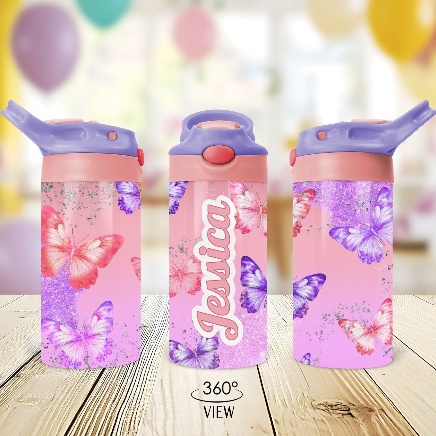 Sparkly Butterfly Custom Lunch Box and Water Bottle Set for Girls