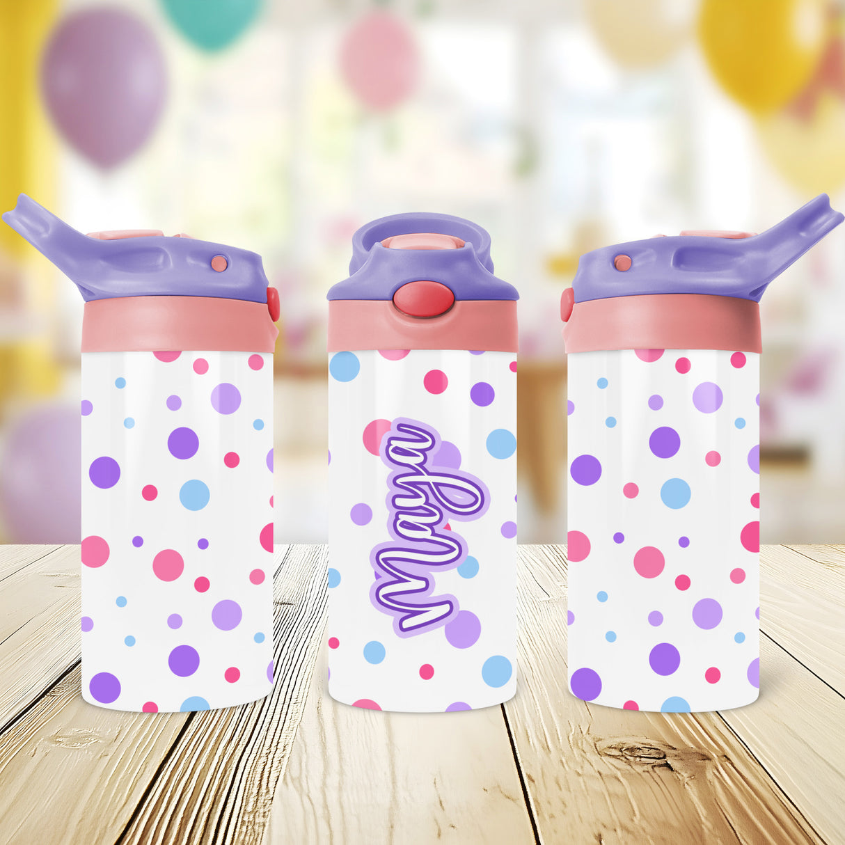 Personalized school water bottle for kids decorated with polka dots and customized with their name
