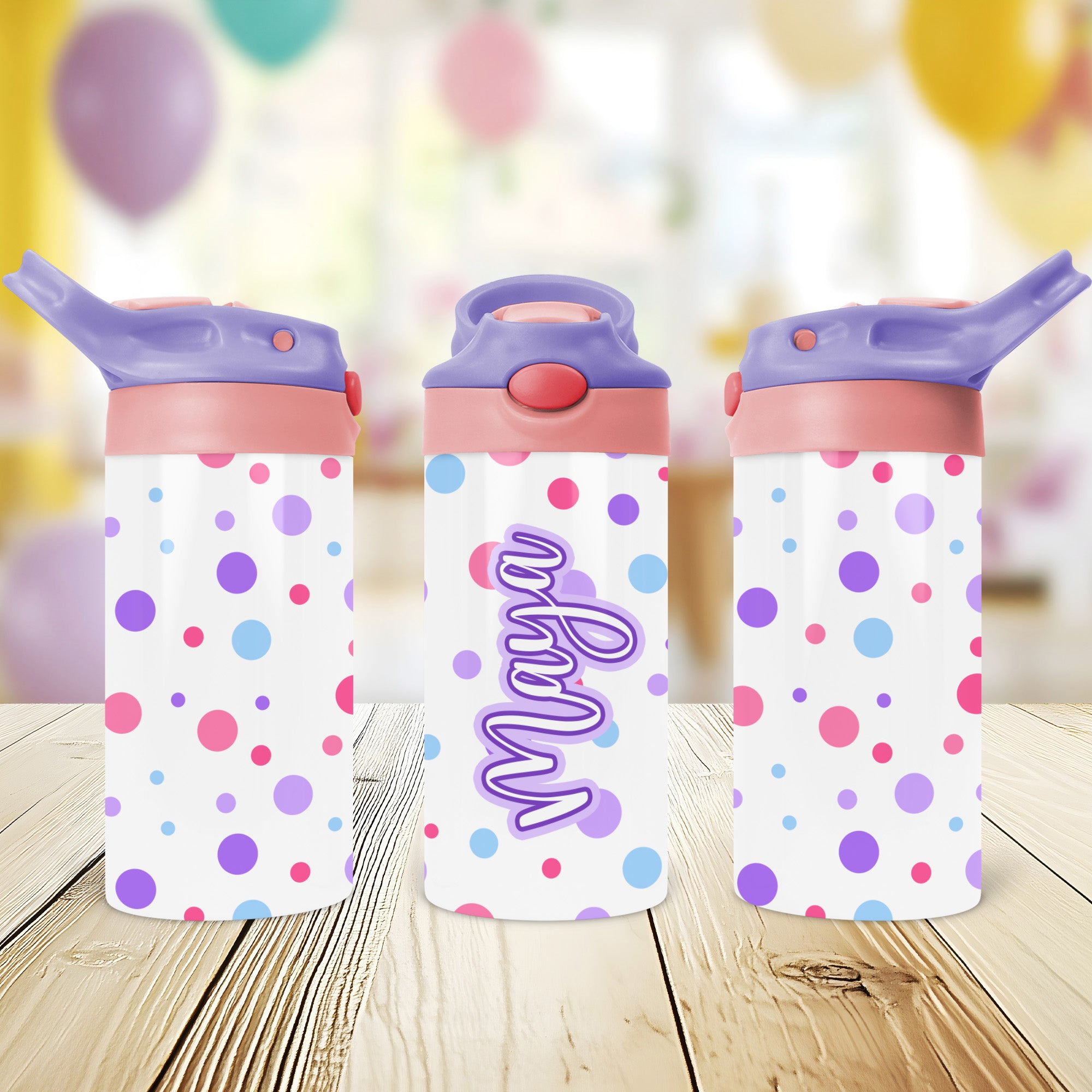 Personalized school water bottle for kids decorated with polka dots and customized with their name.