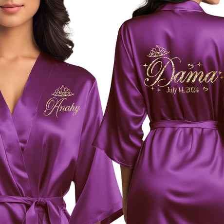 Purple quinceanera robes for damas. Beautiful satin purple robes with champagne gold glitter.