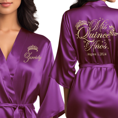 Personalized purple satin quinceanera robes. The perfect getting ready mis quince anos robes with champagne gold glitter. Pretty quinceanera gifts.