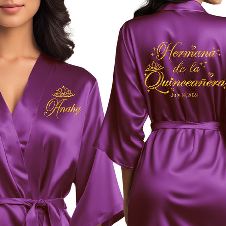 Personalized purple quinceanera robes with gold glitter. Hermana de la quinceanera getting ready robes.