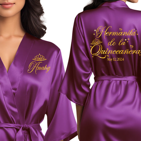 Women's quinceanera satin robes. Personalize with your name and event date. Purple quince robes for little sister.