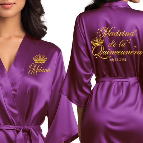 Satin purple quince robes with gold glitter design. Madrina de la quinceanera getting ready robes.