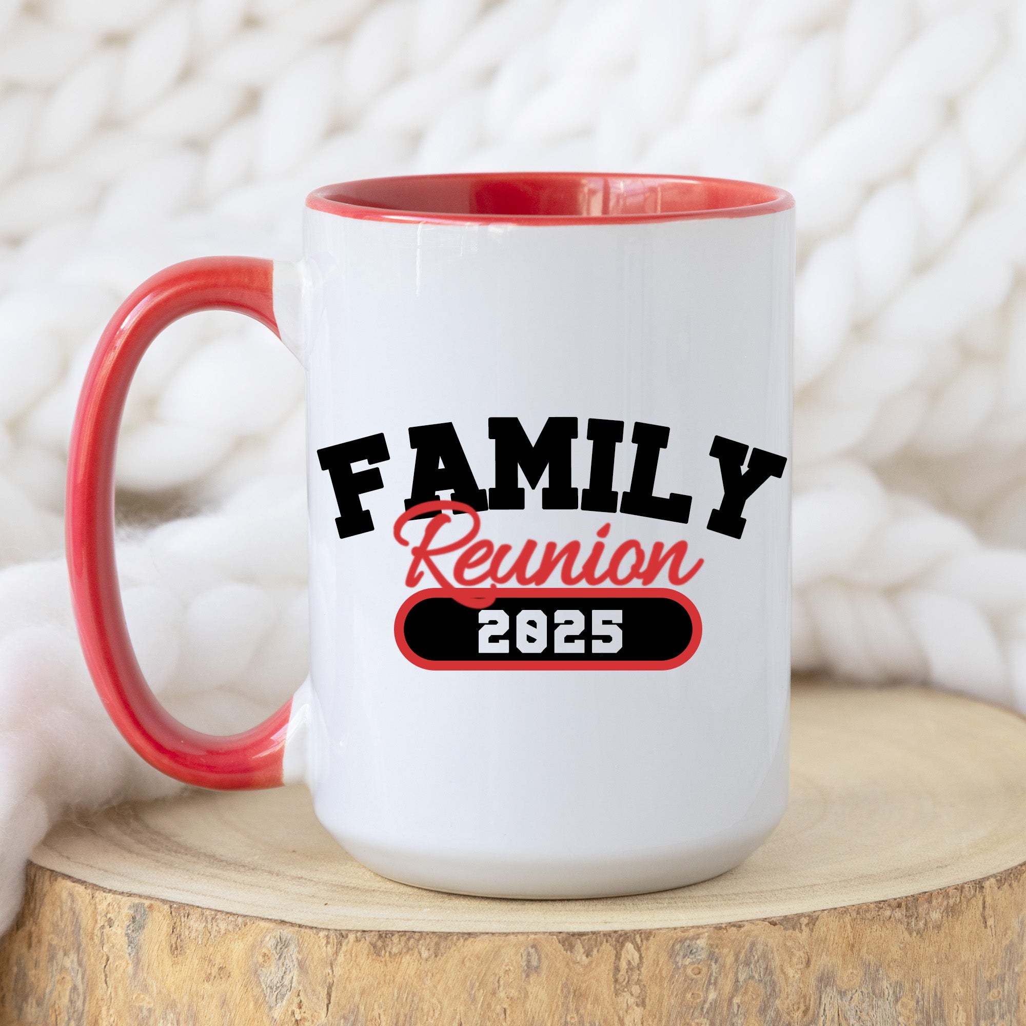 A simple personalized family reunion mug with custom name design, matching ceramic cups for family.