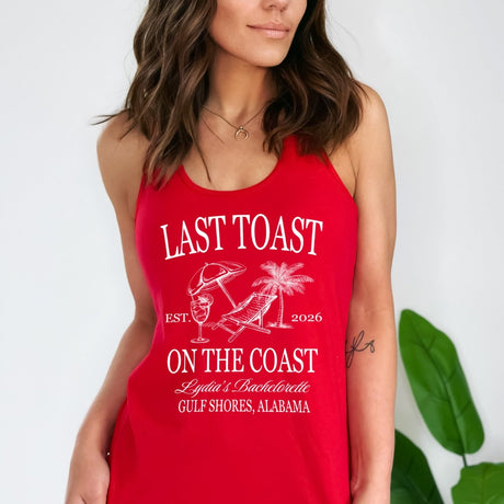 Custom Comfort Colors bachelorette tank tops, ideal for bridal parties looking for beach shirts with names and coastal themes.