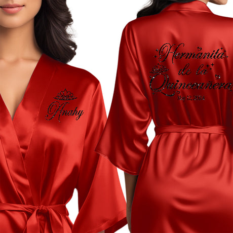 Women's quinceanera satin robes. Personalize with your name and event date. Red quince robes for little sister.