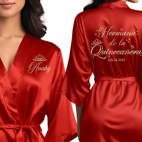 Personalized red quinceanera robes with champagne gold glitter. Hermana de la quinceanera getting ready robes.