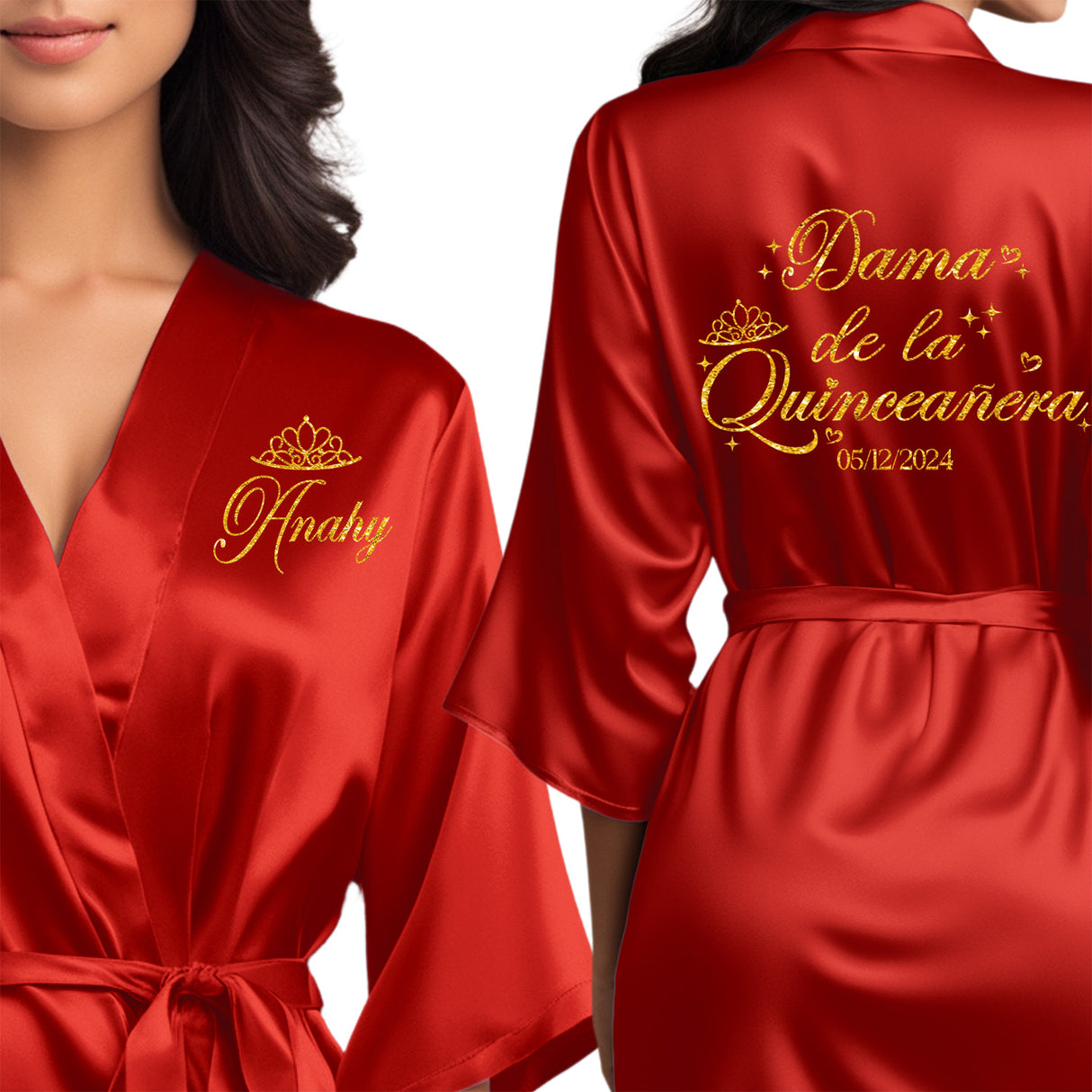 Dama de la quinceanera satin robes that can be personalized for your quinceanera squad.