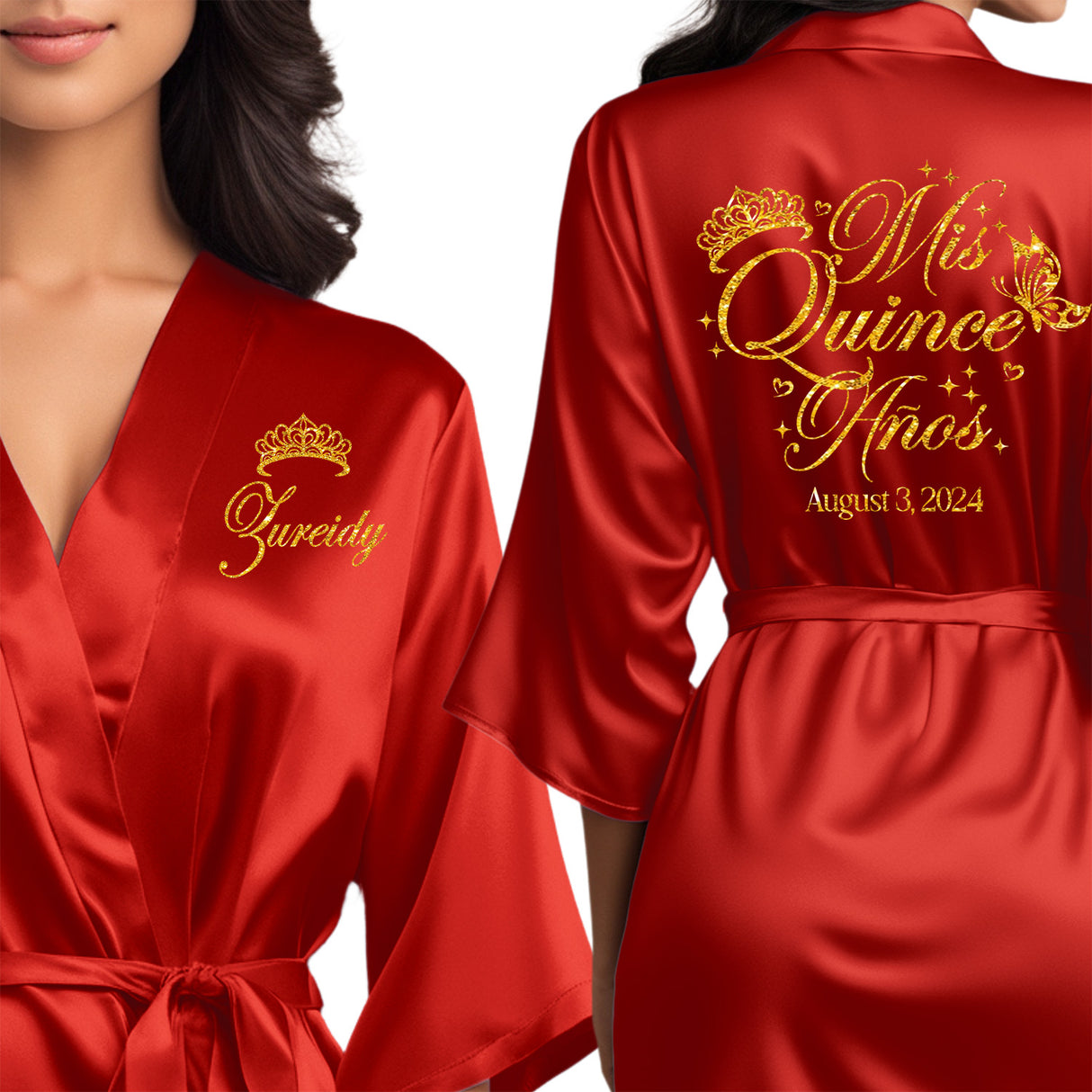 Personalized red satin quinceanera robes. The perfect getting ready mis quince anos robes with gold glitter. Pretty quinceanera gifts.