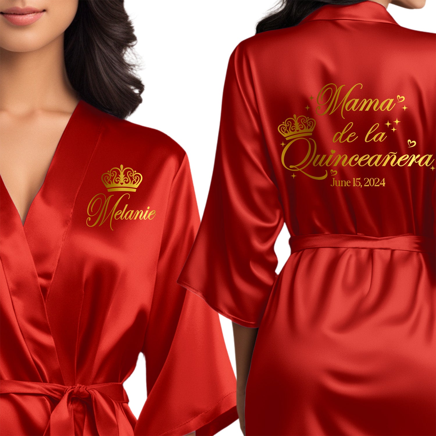 Personalized satin mama de la quinceanera robes. Red quince robes with glossy gold design. 