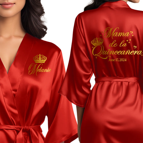 Personalized satin mama de la quinceanera robes. Red quince robes with glossy gold design. 