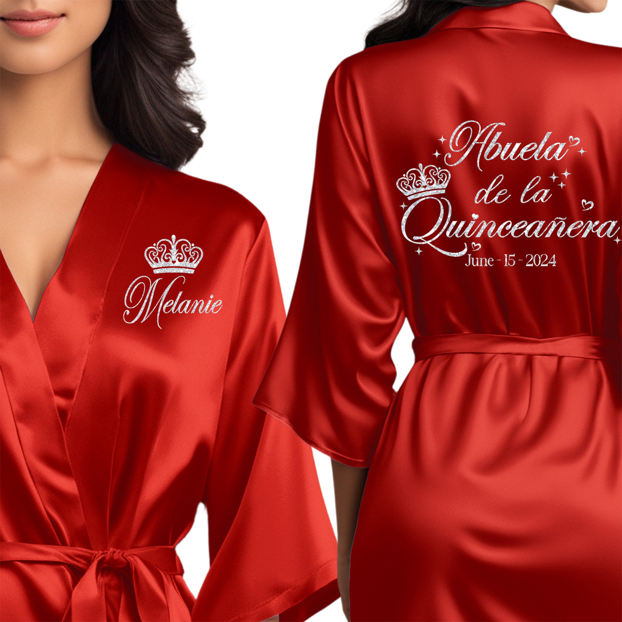 Front and back personalized satin quinceanera robes at knee length. Abuela de la quinceanera getting ready robes.