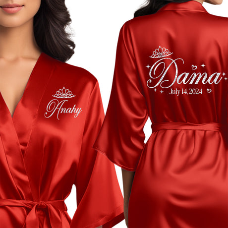 Red quinceanera robes for damas. Beautiful satin red robes with silver glitter.