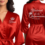 Satin red quince robes with glossy silver design. Madrina de la quinceanera getting ready robes.