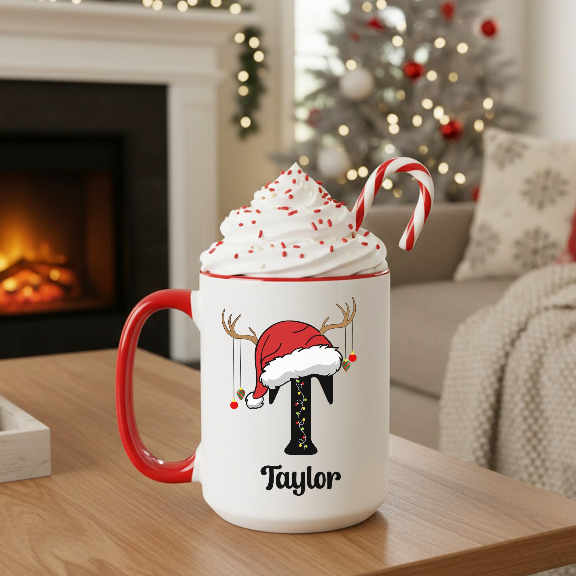 Christmas Lights Reindeer Initial Personalized Christmas Mugs for Kids and Adults