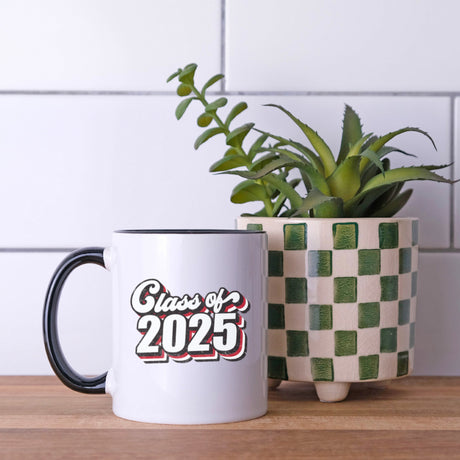 Class of 2025 graduation mug in red and black, stylish retro design, ideal gift for 2025 senior celebrations.