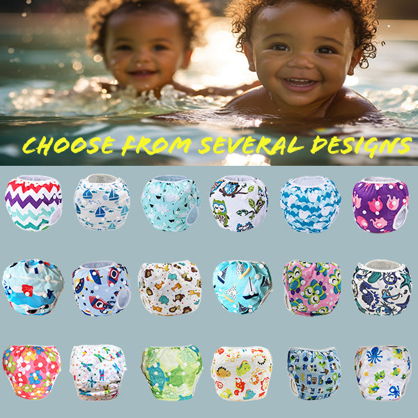 All our design options for our reusable swim diapers for babies and toddlers.  all SKUs