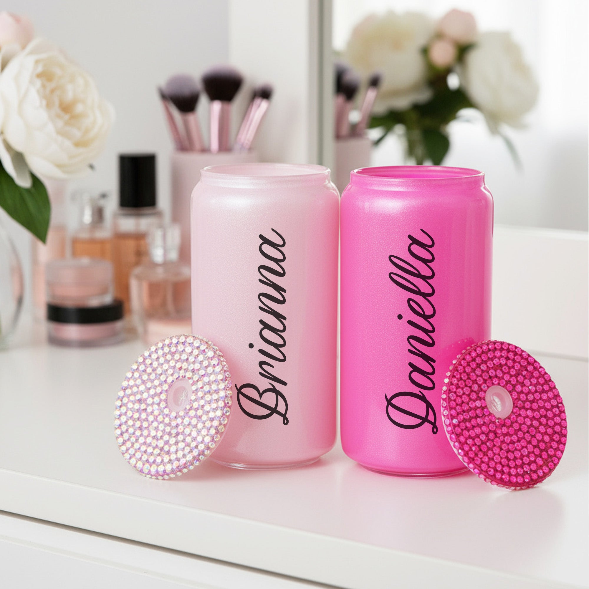 Rhinestone Glass Shimmer Cup with Straw, Custom Name, 16oz