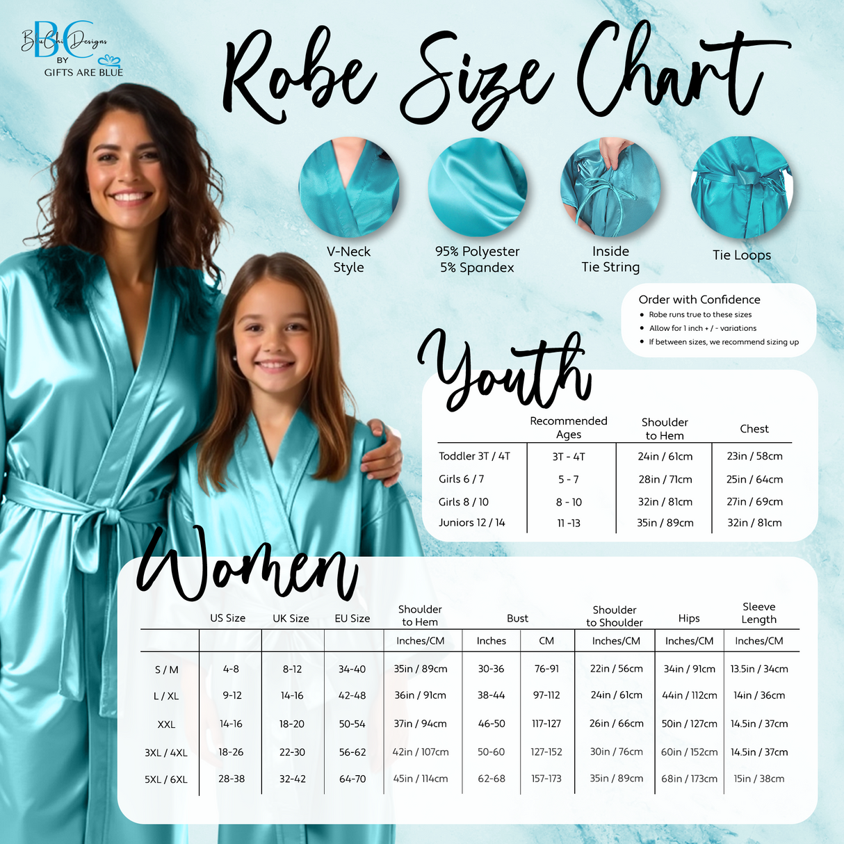 Bridesmaid Robe Set of 6, Personalized Robes in Front & Back, 26 Colors, 3T-6XL