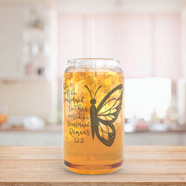 Christian Gift for Her with Romans 12 2 Bible Verse Printed on the Front with Partial Butterfly - 16oz Glass Coffee Tumbler