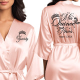 Pretty personalized rose gold satin quinceanera robes. The perfect getting ready mis quince anos robes with black glitter. Great quinceanera gifts.