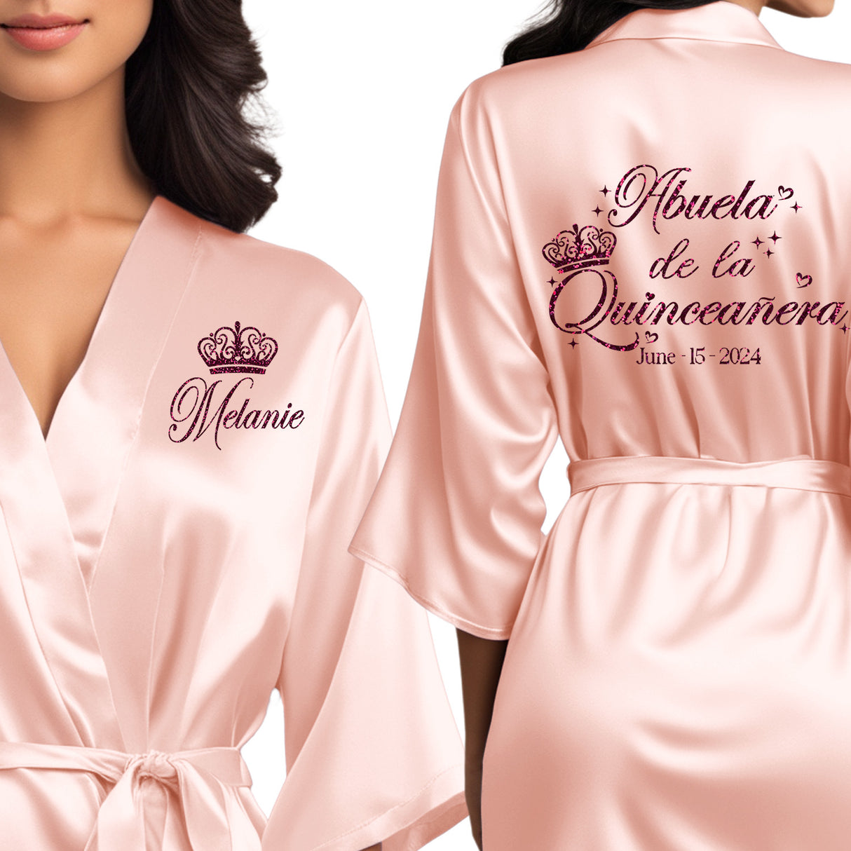 Front and back personalized satin quinceanera robes at knee length. Abuela de la quinceanera getting ready robes.