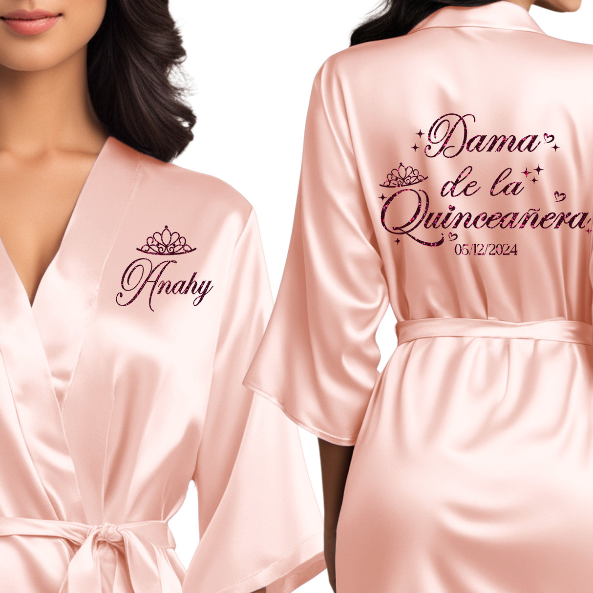 Dama de la quinceanera satin robes that can be personalized for your quinceanera squad.