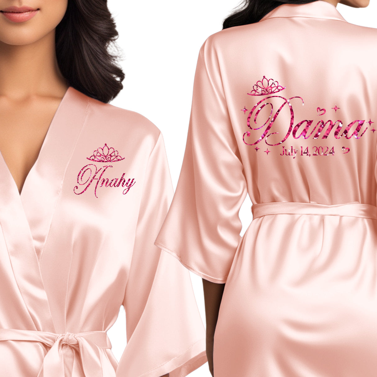 Rose gold quinceanera robes for damas. Beautiful satin rose gold robes with fuchsia glitter.