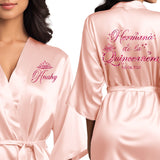 Personalized rose gold quinceanera robes with fuchsia glitter. Hermana de la quinceanera getting ready robes.