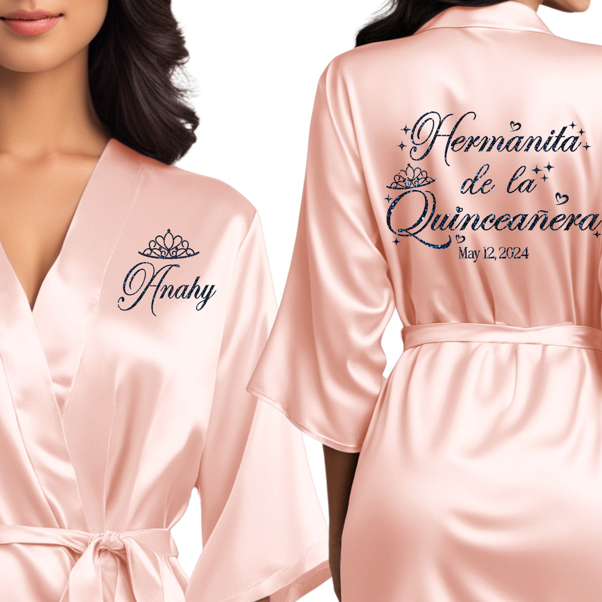 Women's quinceanera satin robes. Personalize with your name and event date. Rose gold quince robes for little sister.