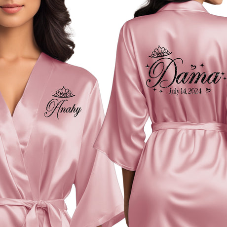 Pink quinceanera robes for damas. Beautiful satin rose pink robes with black glitter.