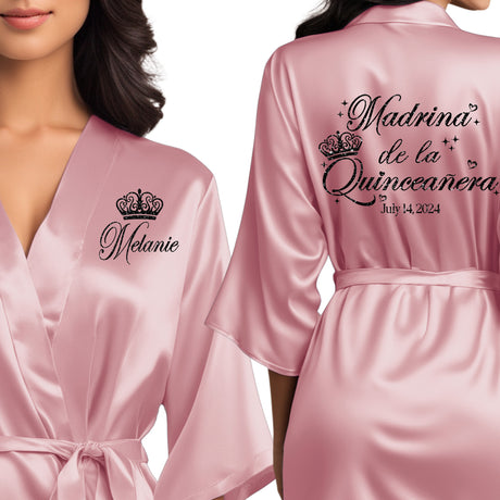 Satin rose pink quince robes with black glitter design. Madrina de la quinceanera getting ready robes.