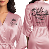 Pretty personalized rose pink satin quinceanera robes. The perfect getting ready mis quince anos robes with black glitter. 