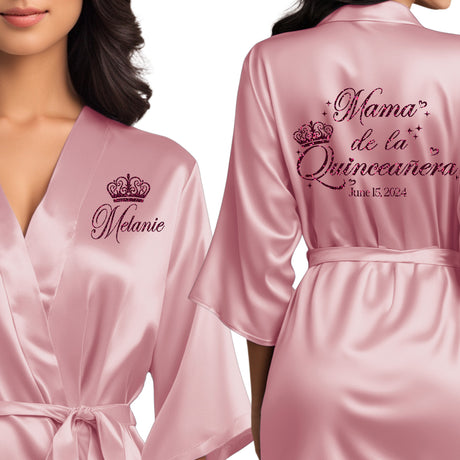 Personalized satin mama de la quinceanera robes. Rose pink quince robes with burgundy glitter. 