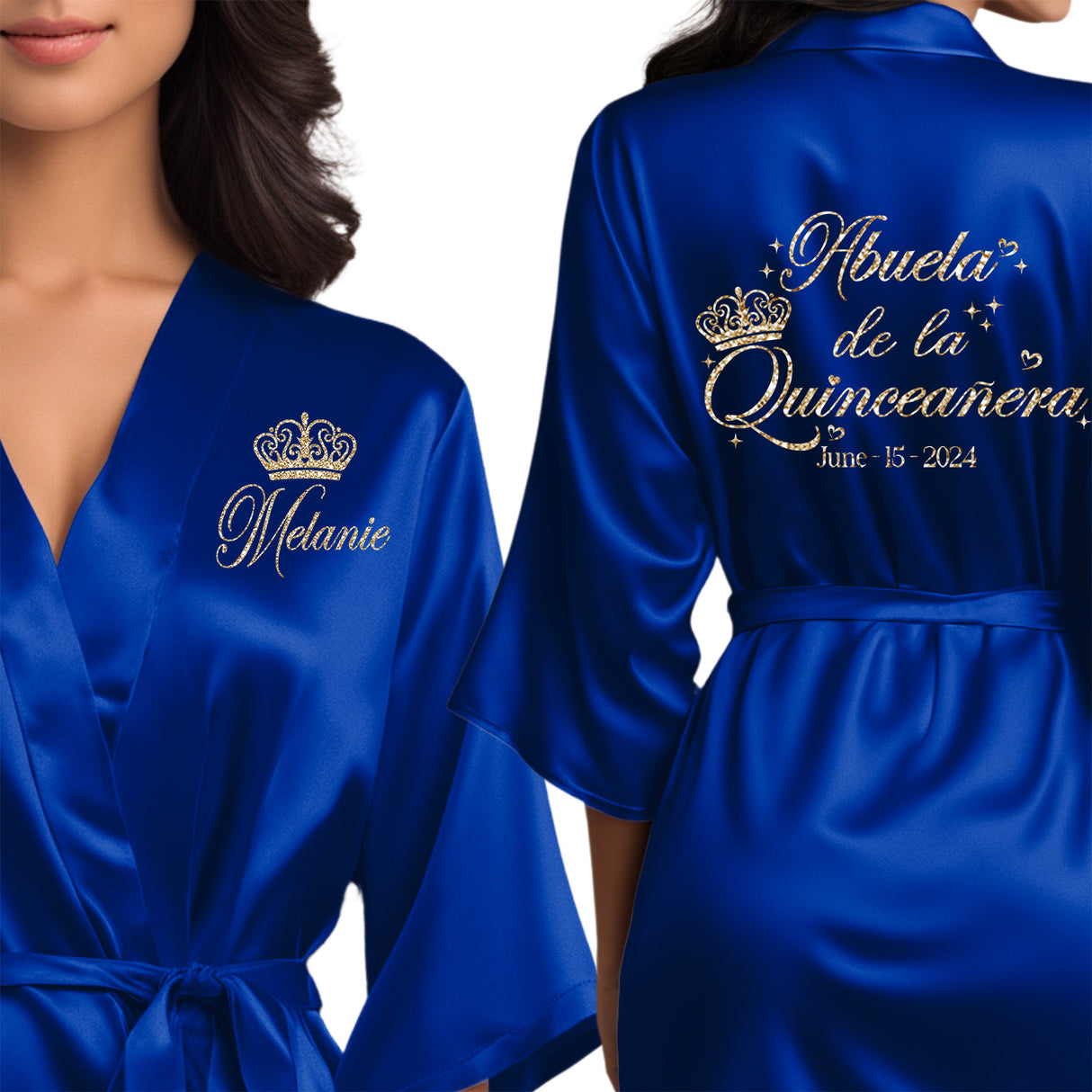 Front and back personalized satin royal blue quinceanera robes at knee length. Abuela de la quinceanera getting ready robes.