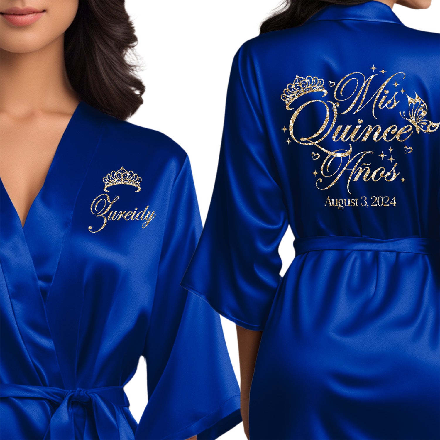 Pretty personalized royal blue satin quinceanera robes. The perfect getting ready mis quince anos robes with champagne glitter. 